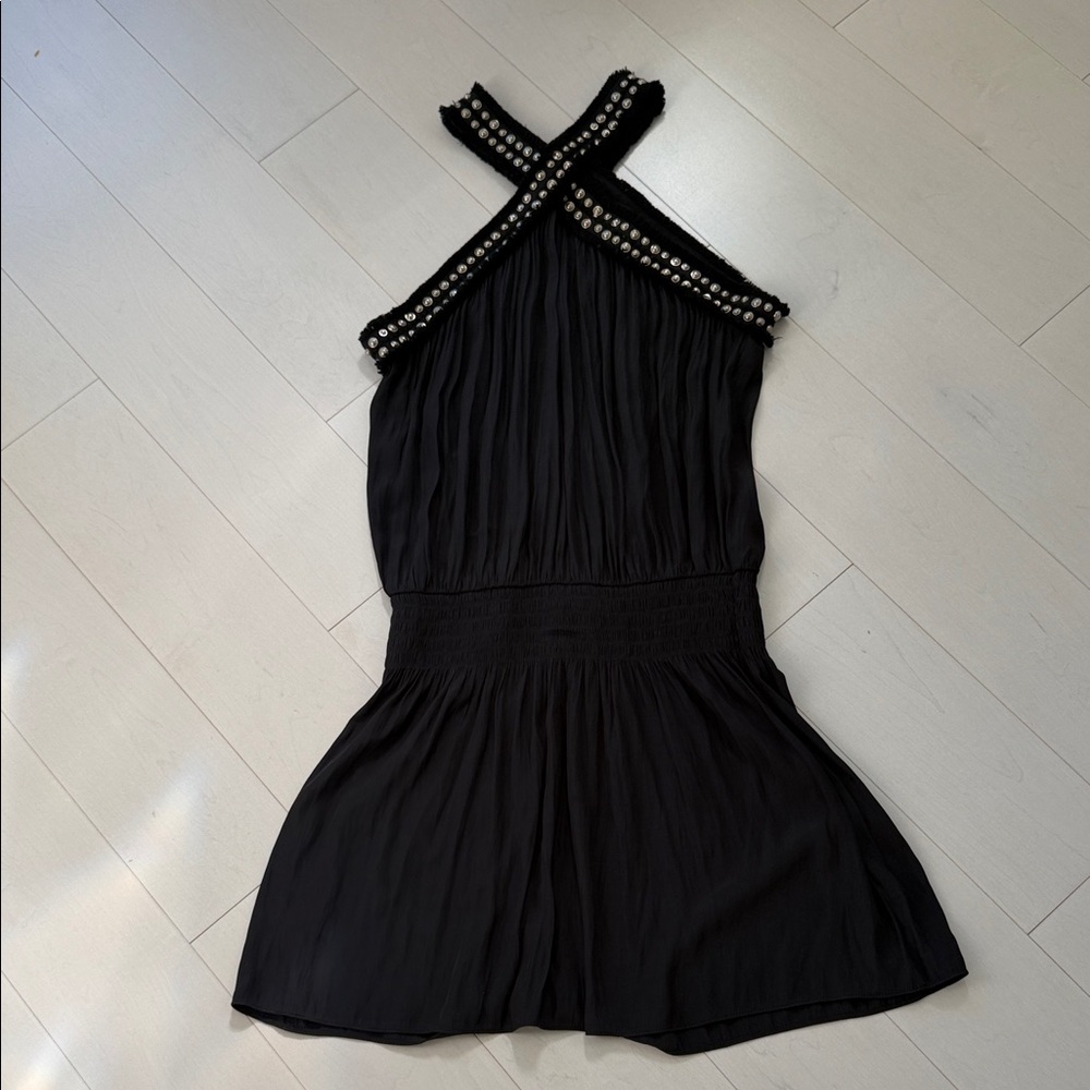 Ramy Brook Elegant Black Halter Dress with Studded Fringe Straps